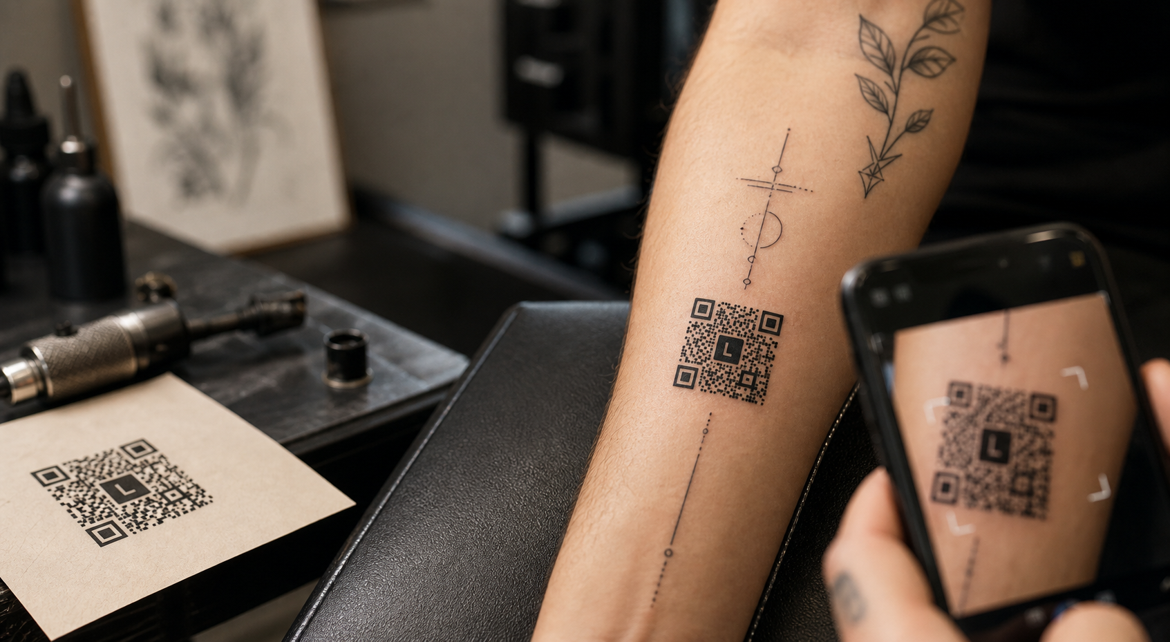 Татуированная рука с QR-кодом и телефоном для сканирования
